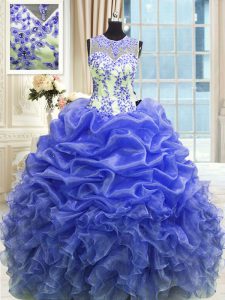 Superior Scoop Sleeveless Zipper 15th Birthday Dress Blue Organza