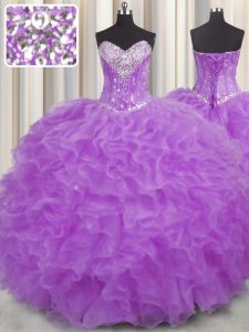 Purple Halter Top Neckline Beading and Ruffles Ball Gown Prom Dress Sleeveless Lace Up