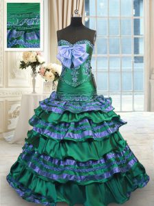 Elegant Ruffled Layers Dark Green Sleeveless Taffeta Brush Train Lace Up Ball Gown Prom Dress for Military Ball and Sweet 16 and Quinceanera