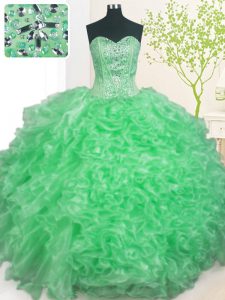Floor Length Lace Up Quince Ball Gowns Apple Green for Military Ball and Sweet 16 and Quinceanera with Beading and Ruffles and Pick Ups