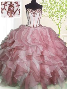 On Sale Floor Length Pink And White Quinceanera Gown Organza Sleeveless Ruffles