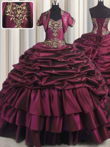 Sweetheart Sleeveless Quinceanera Gowns With Brush Train Beading and Appliques and Pick Ups Burgundy Taffeta