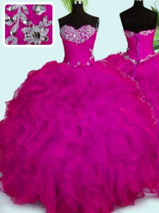 Designer Fuchsia Sweetheart Lace Up Beading and Ruffles Quinceanera Gowns Sleeveless