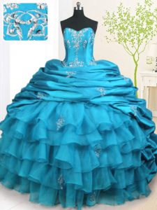 Teal Lace Up Strapless Beading and Appliques and Ruffled Layers and Pick Ups 15 Quinceanera Dress Organza and Taffeta Sleeveless Brush Train