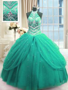 Turquoise Sleeveless Beading Floor Length Quinceanera Gown