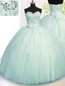 Hot Selling Apple Green Ball Gowns Sweetheart Sleeveless Tulle Floor Length Lace Up Beading and Appliques Sweet 16 Dress