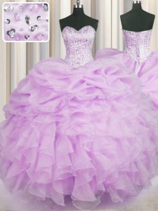 Lilac Organza Lace Up 15th Birthday Dress Sleeveless Floor Length Beading and Ruffles