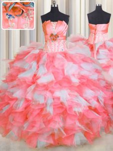 Pink And White Sleeveless Beading and Ruffles and Hand Made Flower Floor Length Sweet 16 Dress