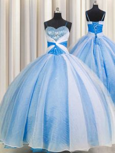 Sequins Floor Length Baby Blue Quinceanera Gown Spaghetti Straps Sleeveless Lace Up