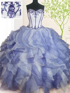 Sleeveless Organza Floor Length Lace Up Sweet 16 Dresses in Blue And White with Beading and Ruffles