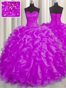 Latest Fuchsia Sleeveless Beading and Ruffles Floor Length 15th Birthday Dress