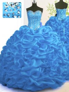 Cheap Beading and Ruffles Sweet 16 Quinceanera Dress Blue Lace Up Sleeveless With Brush Train
