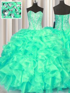 Adorable Sweetheart Sleeveless 15 Quinceanera Dress Floor Length Beading and Ruffles Turquoise Organza