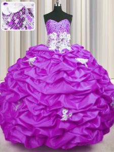 Lilac Ball Gown Prom Dress Military Ball and Sweet 16 and Quinceanera and For with Appliques and Sequins and Pick Ups Sweetheart Sleeveless Brush Train Lace Up