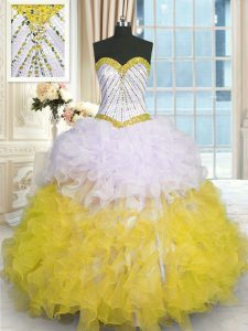 Cute Ball Gowns Sweet 16 Quinceanera Dress Yellow And White Sweetheart Organza Sleeveless Floor Length Lace Up