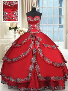 Deluxe Sleeveless Floor Length Beading and Embroidery and Ruffled Layers Lace Up Vestidos de Quinceanera with Wine Red