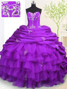 Fantastic Sleeveless Brush Train Lace Up With Train Beading and Appliques and Ruffled Layers and Pick Ups 15th Birthday Dress