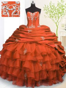 Attractive Pick Ups Ruffled With Train Ball Gowns Sleeveless Orange Red Ball Gown Prom Dress Brush Train Lace Up