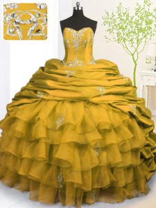 Vintage Gold Ball Gowns Beading and Appliques and Ruffled Layers and Pick Ups Vestidos de Quinceanera Lace Up Organza and Taffeta Sleeveless With Train