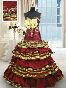 Chic Sweetheart Sleeveless Ball Gown Prom Dress Sweep Train Appliques and Embroidery and Ruffled Layers and Bowknot Wine Red Taffeta
