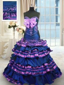 Pretty Navy Blue Lace Up Sweetheart Appliques and Ruffled Layers and Bowknot Quinceanera Dresses Taffeta Sleeveless Brush Train