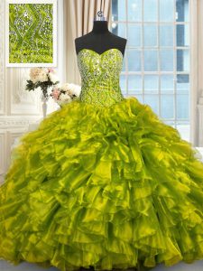 Super Olive Green Sweetheart Lace Up Beading and Ruffles Vestidos de Quinceanera Brush Train Sleeveless