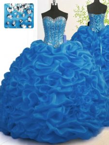 Beautiful Royal Blue Organza Lace Up Ball Gown Prom Dress Sleeveless With Brush Train Beading and Ruffles