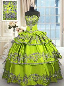 Sleeveless Floor Length Embroidery and Ruffled Layers Lace Up Ball Gown Prom Dress with Yellow Green
