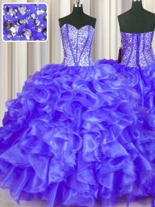 Stylish Sleeveless Floor Length Beading and Ruffles Lace Up Vestidos de Quinceanera with Purple