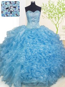 On Sale Baby Blue Ball Gowns Organza Sweetheart Sleeveless Beading and Ruffles and Pick Ups Floor Length Lace Up Quinceanera Dress