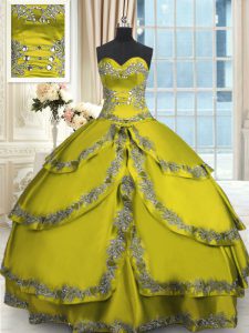 Low Price Olive Green Ball Gowns Beading and Appliques and Ruffled Layers 15th Birthday Dress Lace Up Taffeta Sleeveless Floor Length