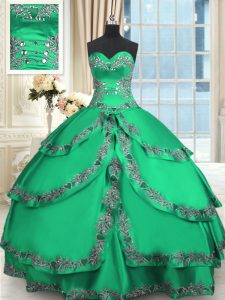 Floor Length Lace Up Quinceanera Dresses Turquoise for Military Ball and Sweet 16 and Quinceanera with Beading and Embroidery and Ruffled Layers