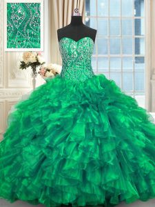 Turquoise Sleeveless Brush Train Beading and Ruffles Ball Gown Prom Dress