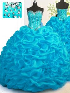 Flirting Aqua Blue Sweetheart Neckline Beading and Ruffles Quince Ball Gowns Sleeveless Lace Up