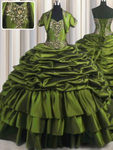With Train Lace Up Quinceanera Dresses Olive Green for Military Ball and Sweet 16 and Quinceanera with Ruffled Layers Brush Train