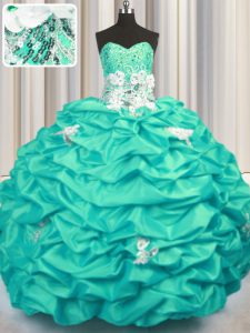 Sleeveless Taffeta With Brush Train Lace Up 15 Quinceanera Dress in Turquoise with Appliques and Sequins and Pick Ups