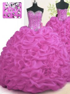 Custom Fit Fuchsia Lace Up Quinceanera Gowns Beading and Ruffles Sleeveless With Brush Train