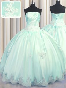 Apple Green Ball Gowns Beading and Appliques Sweet 16 Dress Lace Up Taffeta Sleeveless Floor Length