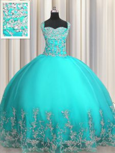 Aqua Blue Organza Lace Up Ball Gown Prom Dress Sleeveless Floor Length Beading and Appliques