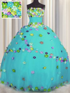 Sumptuous Aqua Blue Ball Gowns Tulle Strapless Sleeveless Hand Made Flower Floor Length Lace Up Sweet 16 Dress