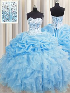 Custom Design Visible Boning Baby Blue Ball Gowns Sweetheart Sleeveless Organza Floor Length Lace Up Beading and Ruffles and Pick Ups Quinceanera Dresses