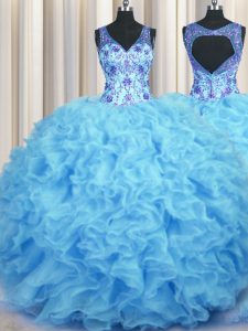 Beauteous Baby Blue Ball Gowns V-neck Sleeveless Organza Floor Length Zipper Beading and Appliques and Ruffles Sweet 16 Quinceanera Dress