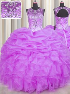 Discount See Through Ball Gowns Quinceanera Gown Lilac Scoop Organza Sleeveless Floor Length Backless