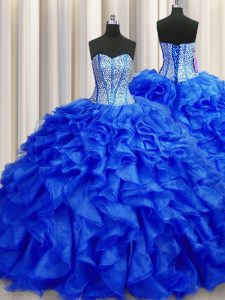 Shining Visible Boning Royal Blue Sleeveless Beading and Ruffles Lace Up Quinceanera Dresses