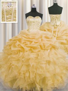 Visible Boning Organza Sleeveless Floor Length 15th Birthday Dress and Beading and Ruffles and Pick Ups