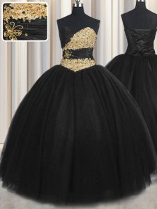 Clearance Black Ball Gowns Beading and Appliques and Ruching and Belt Sweet 16 Dress Lace Up Tulle Sleeveless Floor Length