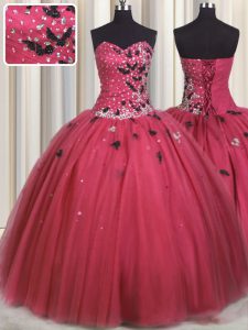 Coral Red Sleeveless Beading and Appliques Floor Length Ball Gown Prom Dress
