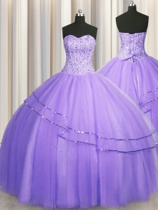 Fashionable Visible Boning Big Puffy Lavender Ball Gowns Beading Quinceanera Gowns Lace Up Tulle Sleeveless Floor Length