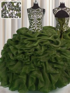 See Through Olive Green Lace Up Scoop Beading and Pick Ups Quinceanera Gowns Organza Sleeveless