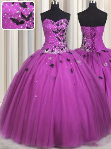 Hot Sale Fuchsia Ball Gowns Beading and Appliques 15th Birthday Dress Lace Up Tulle Sleeveless Floor Length